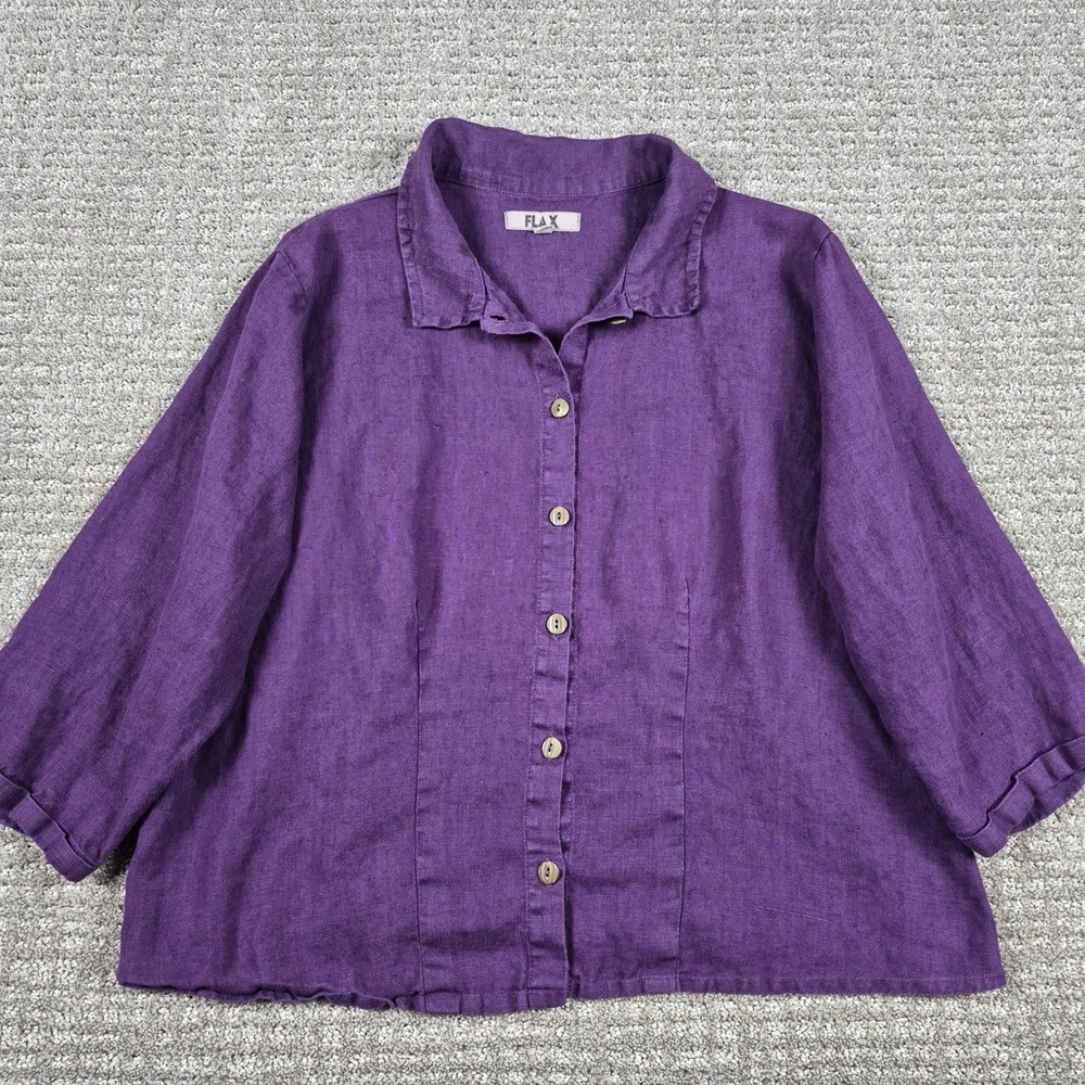 Flax Linen Shirt Women L Purple Button Down 3/4 Sleeve Lagenlook Boxy Top